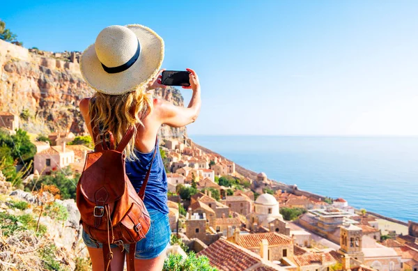 Back View Female Tourist Taking Photography Old Medieval Castle Town Stock Image