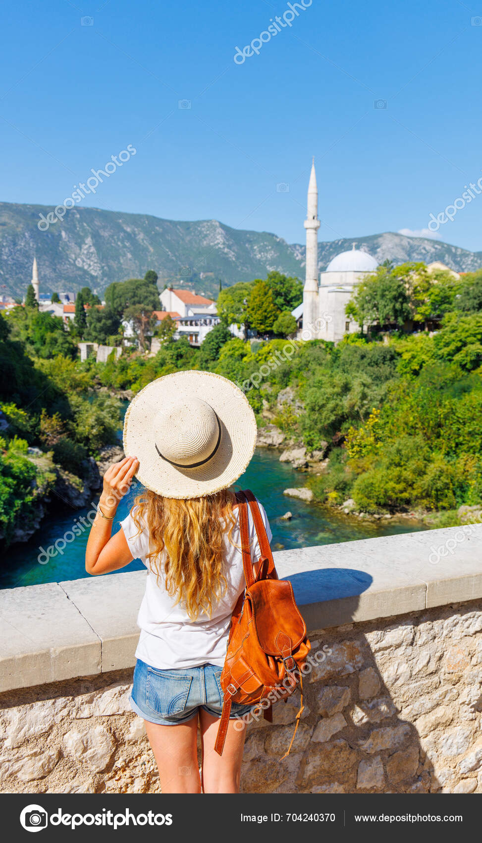 Back View Woman Tourist Enjoying Famous Bridge Mosque Mostar City ...