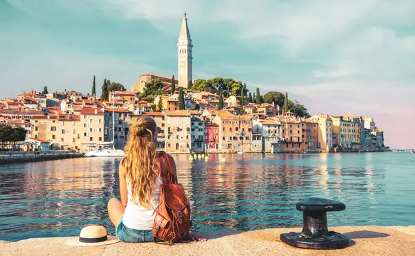 Young Girl Tourist Traveling Europe Croatia Rovinj City Adriatic Sea Stock Photo