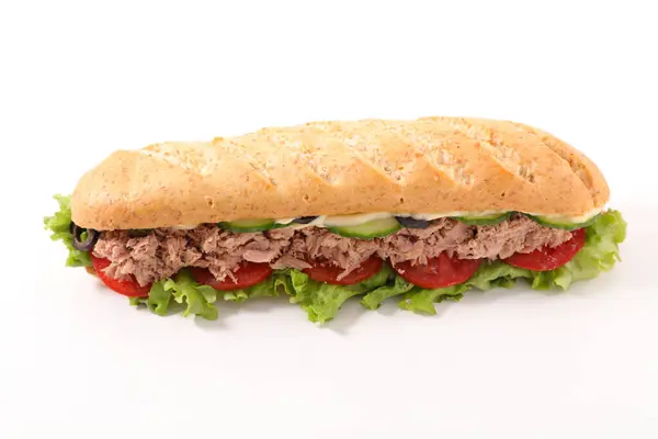 Sandwich Pain Baguette Thon Laitue Tomate Isolé Sur Fond Blanc Images De Stock Libres De Droits