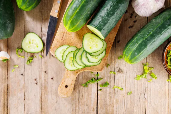 stock image Fresh Cucumber Slices on Wooden Board  Healthy and Organic Ingredient.