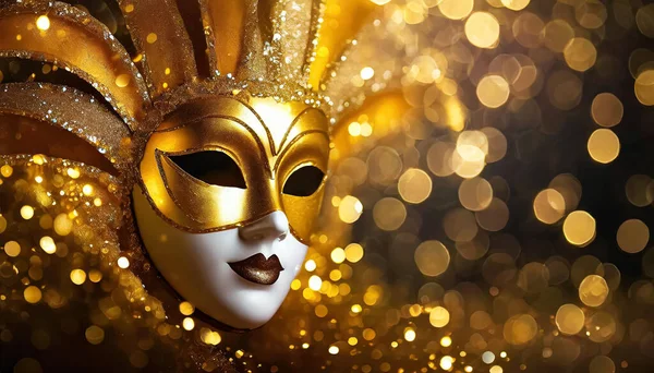 Máscara Carnaval Veneziano Dourado Misturado Com Fundo Bokeh Imagem De Stock