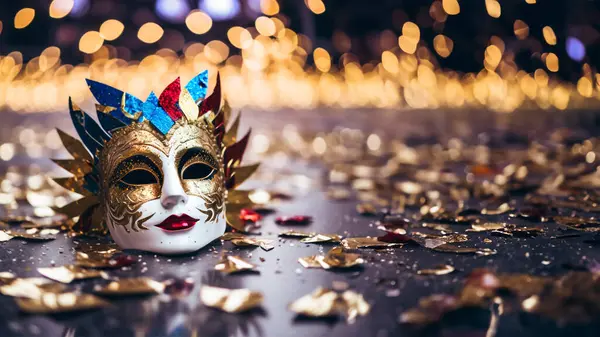 Máscara Carneval Veneciana Dorada Acostada Sobre Piso Con Fondo Bokeh Fotos De Stock