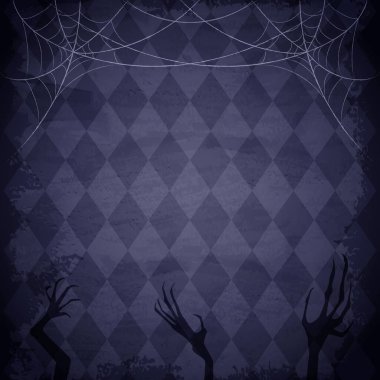 Cadılar Bayramı tasarımı için tüyler ürpertici elleri ve örümcek ağı olan mavi grunge duvar kağıdı arka planı