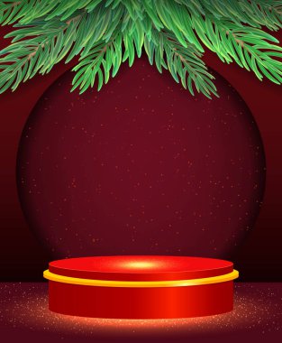 Kırmızı podyum ve köknar ağacı dallarıyla Noel ve Yeni Yıl vektör arkaplanı