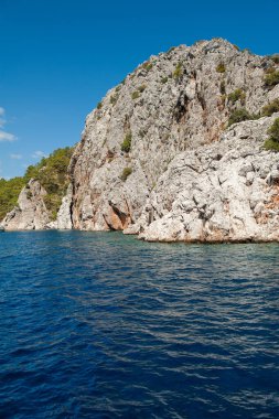 Türkiye 'de turkuvaz suları ve çamlarla kaplı dağlarla nefes kesici kıyı manzarası