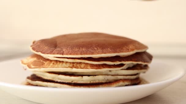 Stack Freshly Baked Pancakes Adding Pancake Stack — Vídeos de Stock