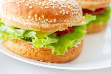 Burger with vegetables and sauce. Home made sandwich on white plate.
