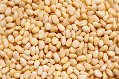 Peeled dried pine nuts like a background.