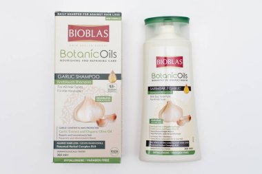 Bioblas shampoo with garlic on white background - Istanbul, Turkey 29.01.2023