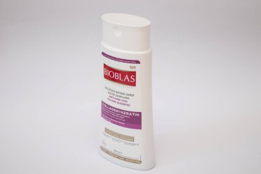 Bioblas shampoo with collagen and keratin on white background. Anti hair loss shampoo - Istanbul, Turkey 29.01.2023.