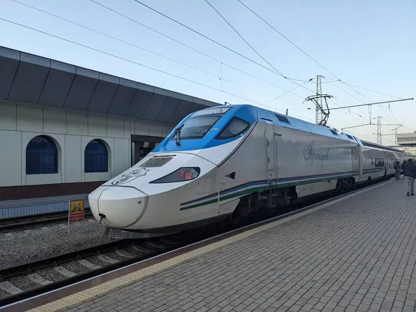 UZBEKISTAN, TASHKENT - 30 Mart 2024: Yüksek hızlı trenin modern lokomotifi 