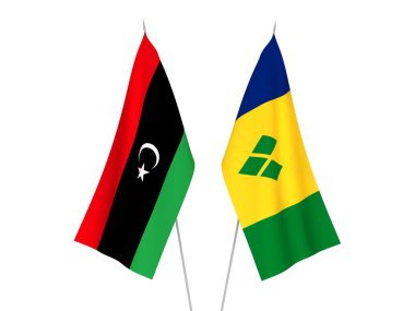 Libya, Saint Vincent ve Grenadine 'in ulusal kumaş bayrakları beyaz arka planda izole edildi. 3d resimleme.