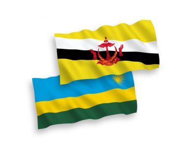 Ruanda Cumhuriyeti ve Brunei 'nin ulusal taşıyıcı kumaş bayrakları beyaz arka planda izole edildi. 1 'e 2 oranında.