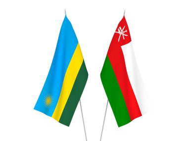 Ruanda Cumhuriyeti 'nin ulusal kumaş bayrakları ve Umman Sultanlığı beyaz arka planda izole edildi. 3d resimleme.