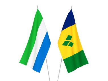 Beyaz arka planda, Sierra Leone, Saint Vincent ve Grenadine 'in ulusal kumaş bayrakları izole edildi. 3d resimleme.