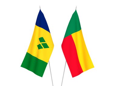 Benin, Saint Vincent ve Grenadine 'in ulusal kumaş bayrakları beyaz arka planda izole edildi. 3d resimleme.