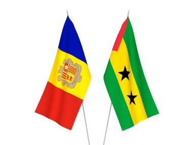 Beyaz arka planda Andorra ve Saint Thomas ve Prince 'in ulusal kumaş bayrakları izole edildi. 3d resimleme.