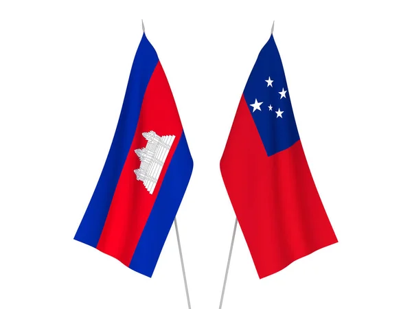National Fabric Flags Independent State Samoa Kingdom Cambodia Isolated White — Stock Photo, Image