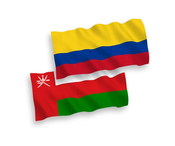Nationell Vektor Tyg Våg Flaggor Sultanatet Oman Och Colombia Isolerad — Stock vektor