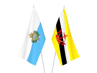 Beyaz arka planda San Marino ve Brunei 'nin ulusal kumaş bayrakları izole edildi. 3d resimleme.