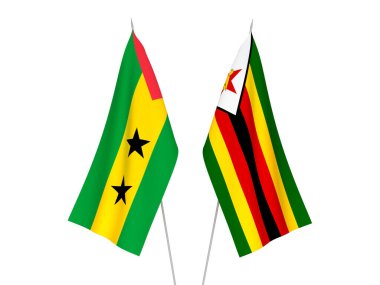 Beyaz arka planda Zimbabwe, Saint Thomas ve Prince 'in ulusal kumaş bayrakları izole edildi. 3d resimleme.