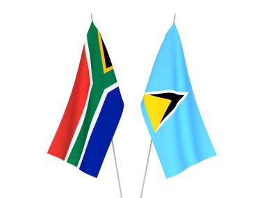 Güney Afrika Cumhuriyeti ve Saint Lucia 'nın ulusal kumaş bayrakları beyaz arka planda izole edilmiştir. 3d resimleme.