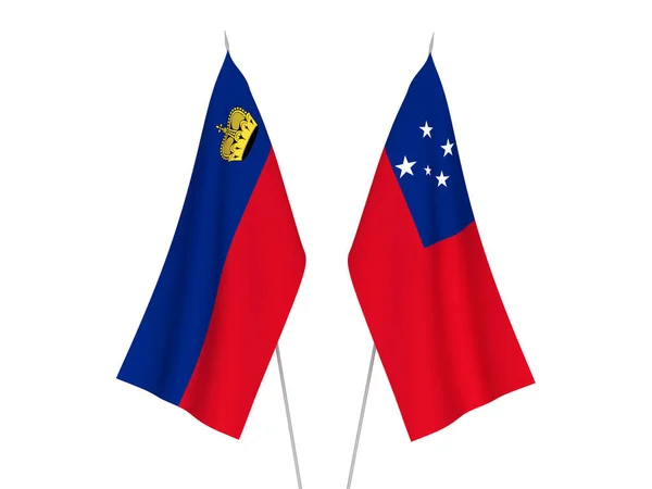 Bandiere Nazionali Tessuto Dello Stato Indipendente Samoa Liechtenstein Isolate Sfondo — Foto Stock