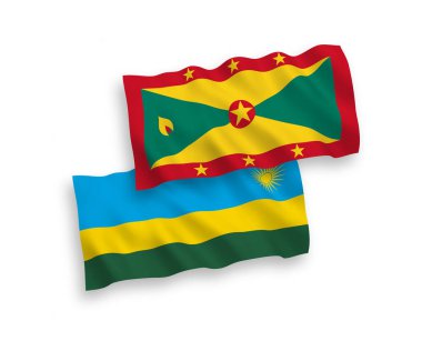 Ruanda Cumhuriyeti ve Grenada 'nın ulusal taşıyıcı kumaş bayrakları beyaz arka planda izole edildi. 1 'e 2 oranında.