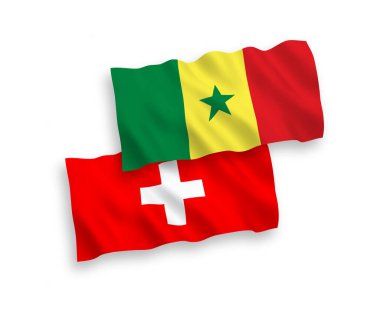 Senegal Cumhuriyeti ve İsviçre 'nin ulusal taşıyıcı kumaş bayrakları beyaz arka planda izole edildi. 1 'e 2 oranında.