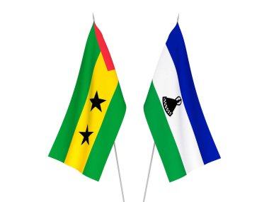 Lesotho, Saint Thomas ve Prince 'in ulusal kumaş bayrakları beyaz arka planda izole edildi. 3d resimleme.