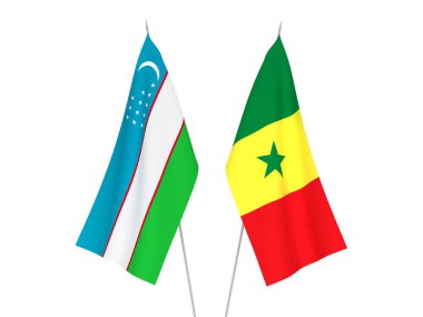 Beyaz arka planda Özbekistan ve Senegal Cumhuriyeti 'nin ulusal kumaş bayrakları izole edildi. 3d resimleme.