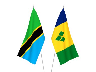 Beyaz arka planda Tanzanya, Saint Vincent ve Grenadine 'in ulusal kumaş bayrakları izole edildi. 3d resimleme.