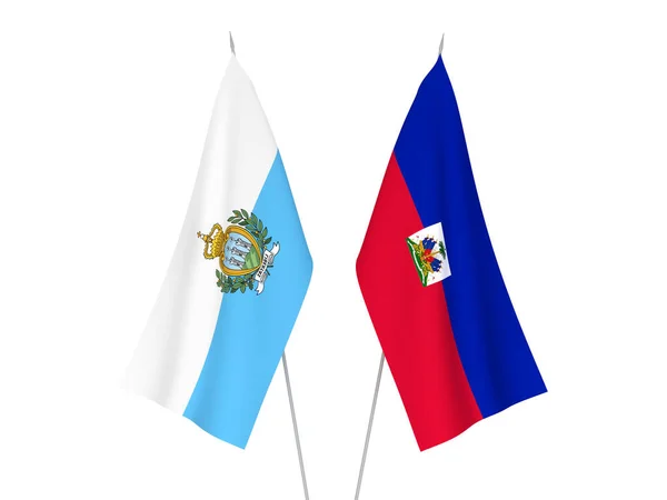 Nationale Stoffen Vlaggen Van San Marino Republiek Haïti Geïsoleerd Witte — Stockfoto
