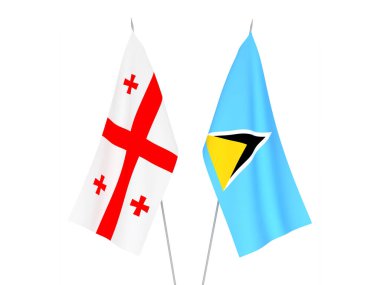 Beyaz arka planda Gürcistan ve Saint Lucia 'nın ulusal kumaş bayrakları izole edildi. 3d resimleme.