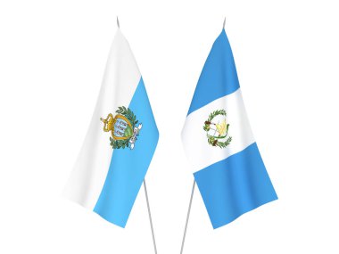 Beyaz arka planda San Marino ve Guatemala Cumhuriyeti 'nin ulusal kumaş bayrakları izole edildi. 3d resimleme.