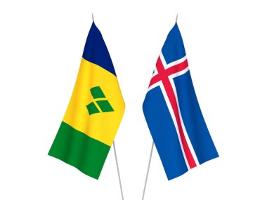 İzlanda, Saint Vincent ve Grenadine 'in ulusal kumaş bayrakları beyaz arka planda izole edildi. 3d resimleme.