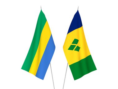 Gabon, Saint Vincent ve Grenadine 'in ulusal kumaş bayrakları beyaz arka planda izole edildi. 3d resimleme.