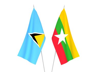 Beyaz arka planda Myanmar ve Saint Lucia 'nın ulusal kumaş bayrakları izole edildi. 3d resimleme.