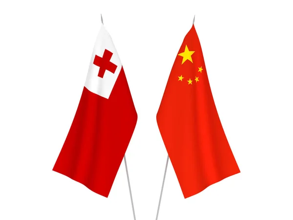 Národní Textilní Vlajky Číny Království Tonga Izolované Bílém Pozadí Vykreslování — Stock fotografie