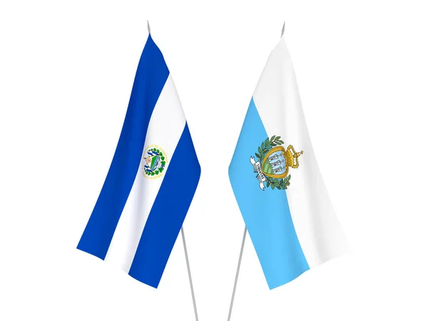 Narodowe Flagi Tkanin San Marino Republiki Salwadoru Odizolowane Białym Tle — Zdjęcie stockowe
