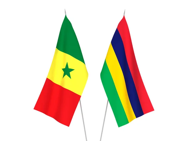 Stock image National fabric flags of Republic of Mauritius and Republic of Senegal isolated on white background. 3d rendering illustration.