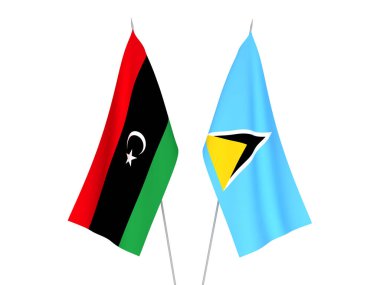 Libya ve Saint Lucia 'nın ulusal kumaş bayrakları beyaz arka planda izole edildi. 3d resimleme.