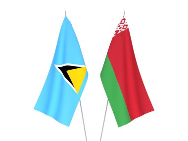 Beyaz arka planda Beyaz Rusya ve Saint Lucia 'nın ulusal kumaş bayrakları izole edildi. 3d resimleme.