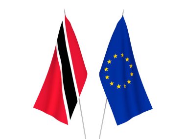 Beyaz arka planda Avrupa Birliği ve Trinidad Cumhuriyeti ve Tobago 'nun ulusal kumaş bayrakları izole edildi. 3d resimleme.