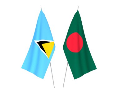 Beyaz arka planda Bangladeş ve Saint Lucia 'nın ulusal kumaş bayrakları izole edildi. 3d resimleme.