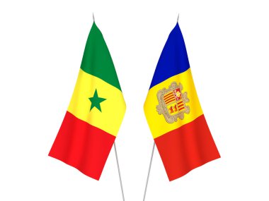 Beyaz arka planda Andorra ve Senegal Cumhuriyeti 'nin ulusal kumaş bayrakları izole edildi. 3d resimleme.