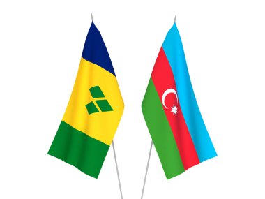 Beyaz arka planda Azerbaycan Cumhuriyeti, Saint Vincent ve Grenadine 'in ulusal kumaş bayrakları izole edildi. 3d resimleme.
