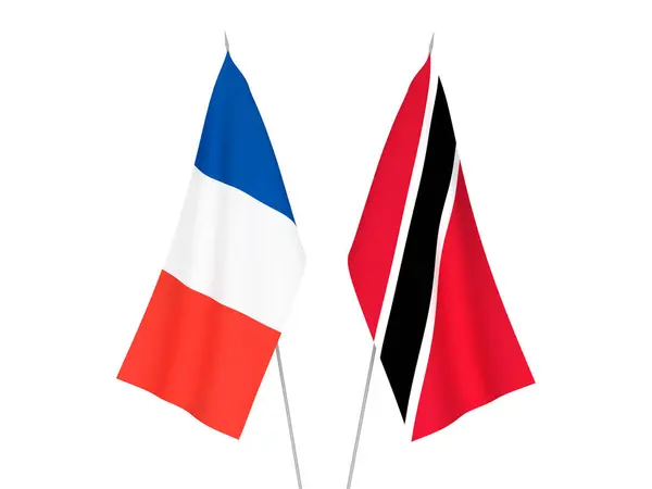 stock image National fabric flags of France and Republic of Trinidad and Tobago isolated on white background. 3d rendering illustration.