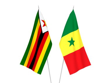 Beyaz arka planda Zimbabwe ve Senegal Cumhuriyeti 'nin ulusal kumaş bayrakları izole edildi. 3d resimleme.